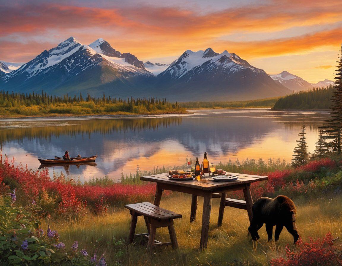 A breathtaking Alaskan landscape featuring majestic mountains and a vibrant sunset. In the foreground, an adventurous traveler enjoys a close encounter with wildlife, such as a bear and a moose. Surrounding the scene are local cuisine elements, like fresh seafood and wild berries, beautifully arranged on a rustic wooden table. The overall atmosphere is warm, inviting, and full of adventure. super-realistic. vibrant colors.