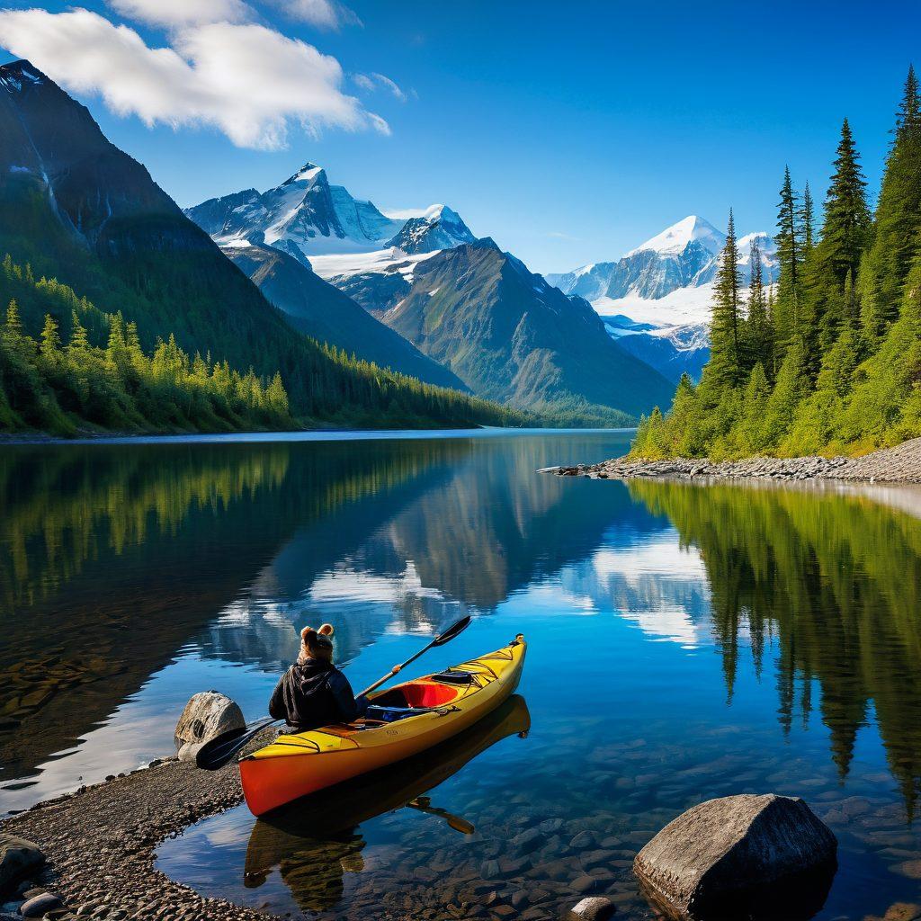 A breathtaking Alaskan landscape featuring majestic snow-capped mountains, vibrant green forests, and a serene glacier-fed lake reflecting the sky. Include wildlife such as a grizzly bear fishing and a soaring bald eagle. Add elements of adventure like a kayak and a hiking trail in the foreground, evoking a sense of exploration. The scene should capture the essence of Alaska's rich culture with subtle indigenous motifs integrated into the natural environment. super-realistic. vibrant colors. dramatic lighting.