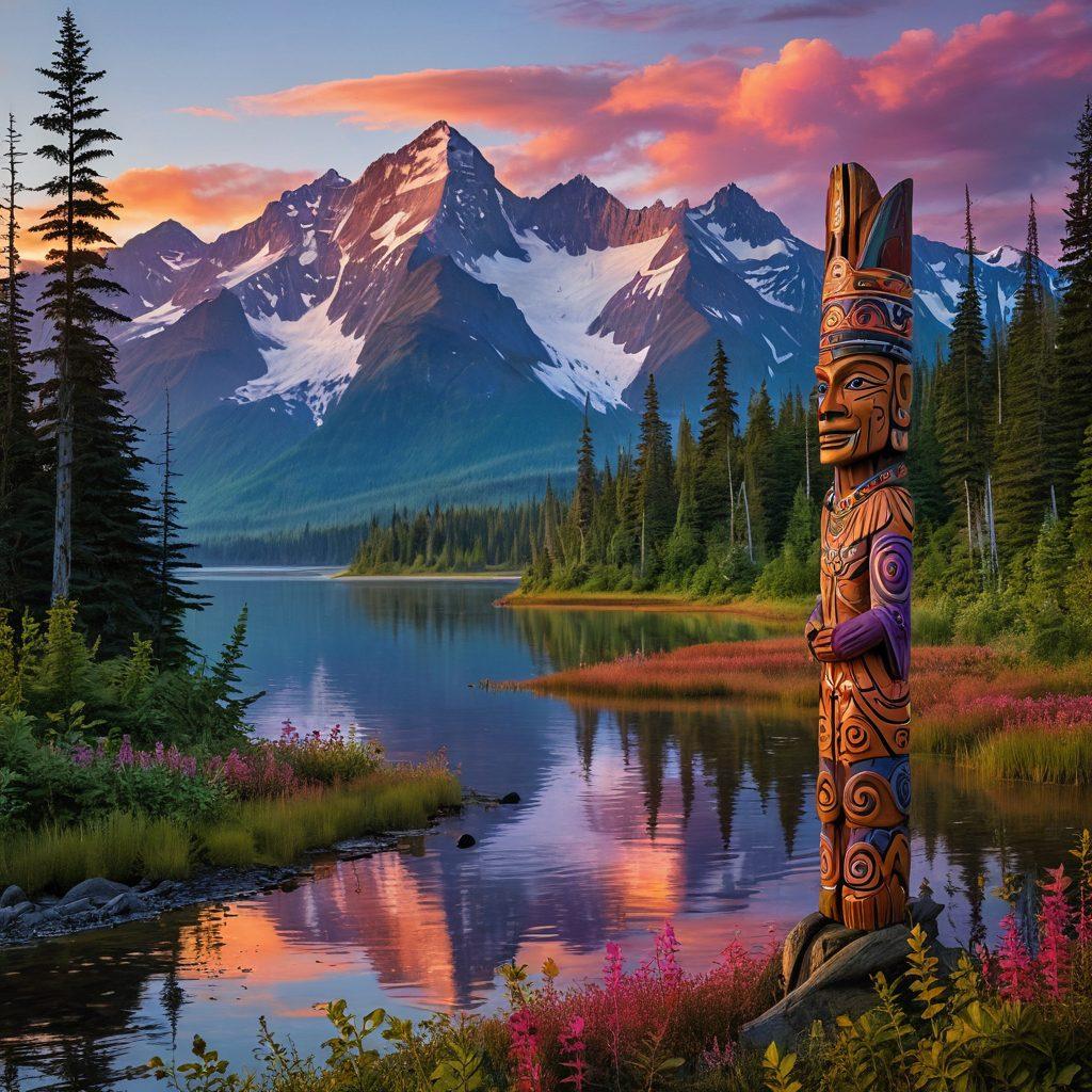 A stunning landscape of Alaska showcasing majestic mountains and vibrant forests, with a native Alaskan guide leading a group of adventurers through the wilderness. Include elements of rich culture, such as totem poles and traditional attire, visible in the foreground. The sky should be a mix of warm sunset colors, casting a magical glow over the scene. surreal. vibrant colors. 3D.